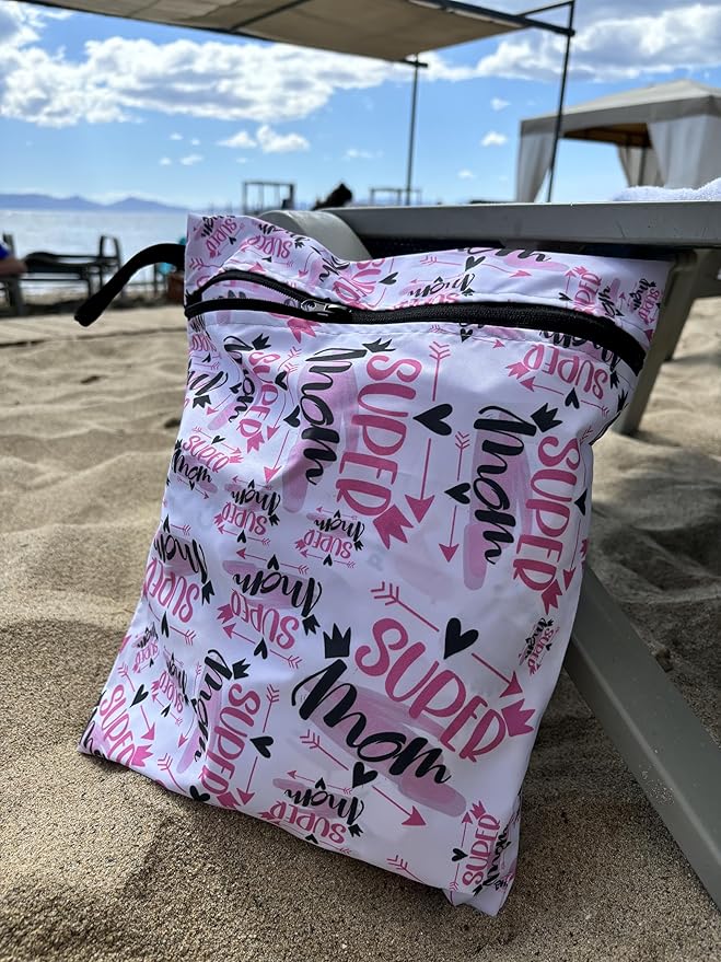Waterproof Wet Bag 2-Pack, Reusable Leakproof Organizer for Swimwear, Cloth Diapers & Travel, 11.81 x 14.57 inch (Super Mom)