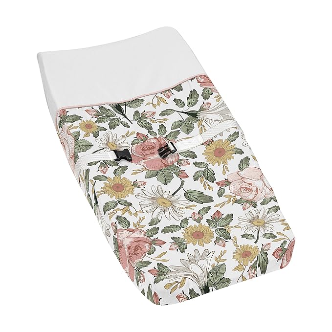 Sweet Jojo Designs Vintage Floral Boho Girl Baby Nursery Changing Pad Cover - Blush Pink, Yellow, Green and White Shabby Chic Rose Flower Farmhouse