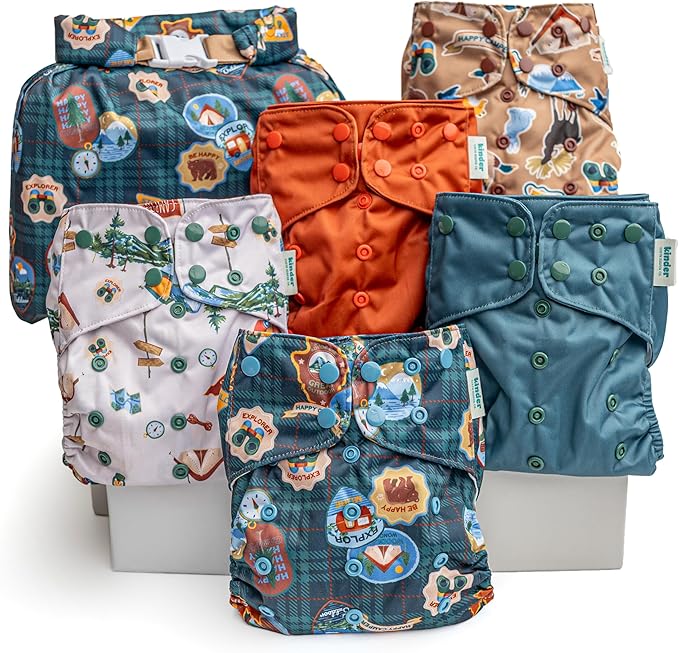 Kinder Cloth Diapers Reusable Baby Diapers Pocket Style Athletic Wicking Jersey, Wet Bag, Newborn to Potty Training 7-60lbs, One Size, Inserts NOT Included (Big Adventure, 5 Pack, Without Inserts)