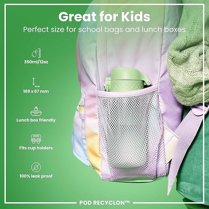 Ion8 Small Water Bottle, 350 ml/12 oz, Leak Proof, Easy to Open, Secure Lock, Dishwasher Safe, BPA Free, Carry Handle, Hygienic Flip Cover, Easy Clean, Odor Free, Carbon Neutral, Surf Green