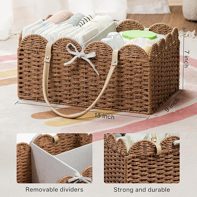 Angelhood Scalloped Paper Rope Diaper Caddy, Woven Floral Baby Diaper Organizer with Dividers for Changing Table, Nursery & Car Portable Baby Gift Basket