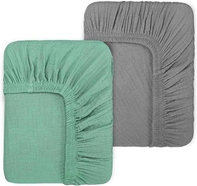 2 Pack Green & Grey Muslin Cotton Crib Sheets for Girls & Boys-Neutral Breathable Crib Mattress Protector Fitted for Standard 28"x 52" -Nursery Décor No Slip Bed Cover