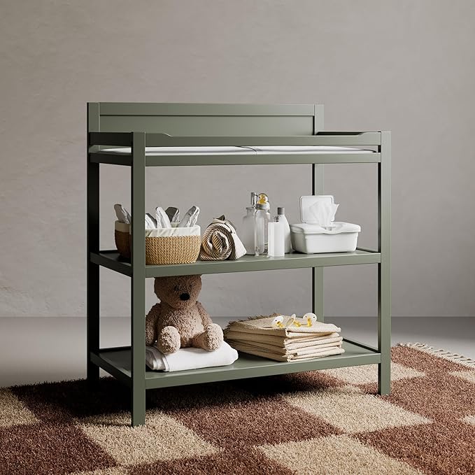 Storkcraft Alpine Changing Table (Olive) - Includes Water Resistant Changing Pad with Safety Strap, 2 Open Shelves for Storage