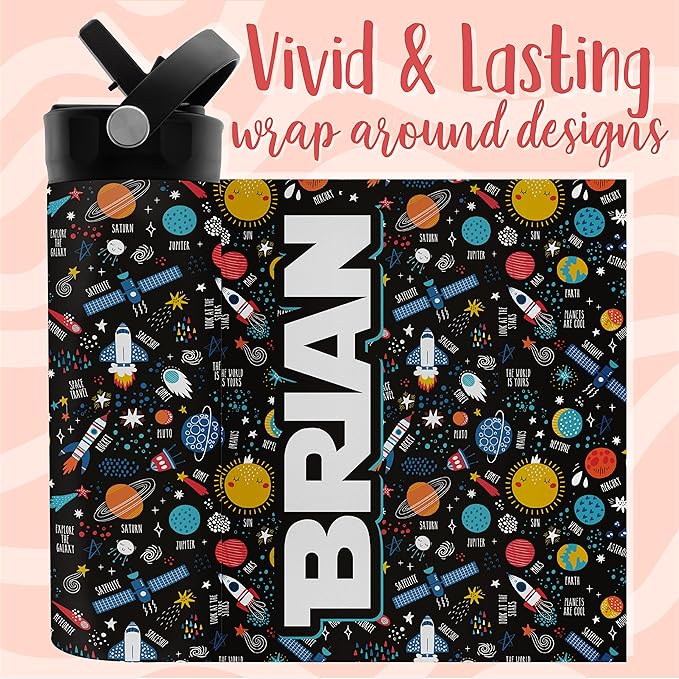 Personalized Water Bottle for Kids - 20 oz - 14 Design Options, Custom Water Bottle for Children - End of School Year Gifts, Back to School Gifts - BPA FREE, Double-Wall Insulation - Space