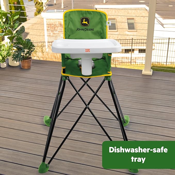 Bright Starts John Deere Pop 'N Dine Portable High Chair, Indoor/Outdoor, Dishwasher Safe Tray, Easy to Fold, Unisex, Green, 6 Months +