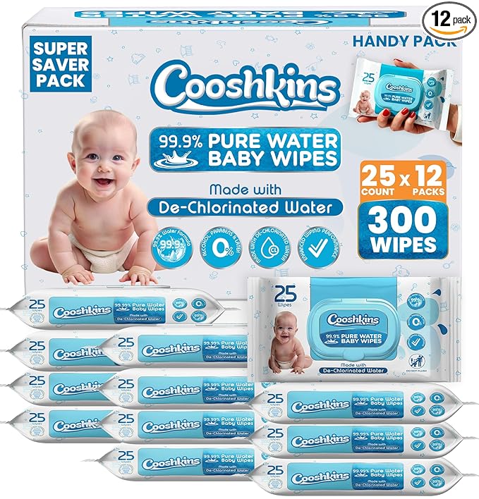 [300 Wipes] De-Chlorinated Pure Water Baby Wipes | 25 Count Gentle Unscented Wipes for Sensitive Skin | 99.9% Pure Water Based | Alcohol-Free, Paraben-Free | Soft & Thick