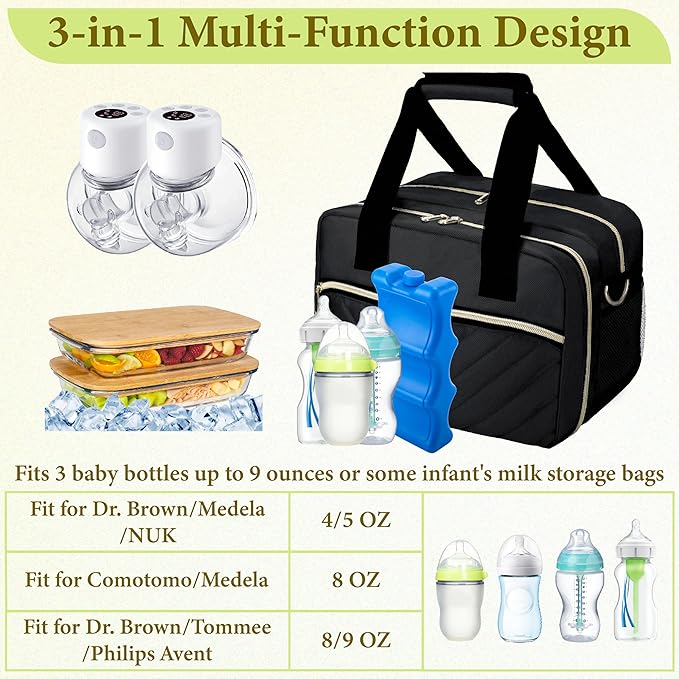Breastmilk Cooler Bag with Ice Pack, Wearable Breast Pump Storage Bag, Insulated Bottle Travel Bag Compatible with Momcozy/Elvie/Willow, Fits Baby Bottles up to 9 Ounce with Shoulder Strap Black