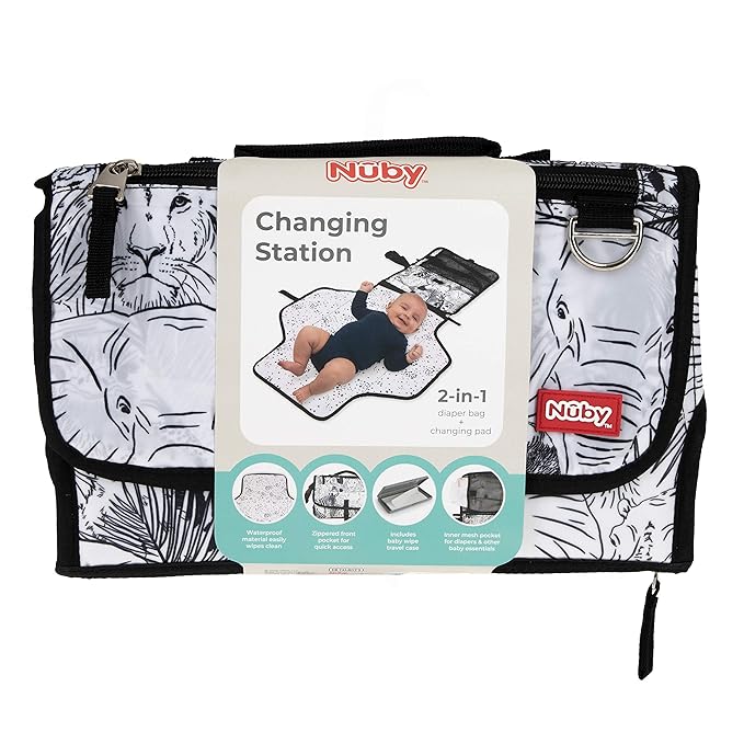 Nuby Portable Baby Changing Pad Station, Quick Wipe Clean Changing Mat with Built-in Pillow, Animal Faces Print