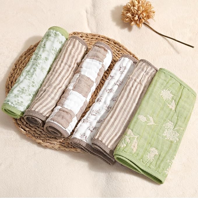 6-Pack Muslin Baby Burp Cloths Made with Organic Cotton – 6-Layer Absorbent & Gentle for Newborn Feeding, Burping – Ultra-Soft, 20x10 Inch Set in Natural Sage