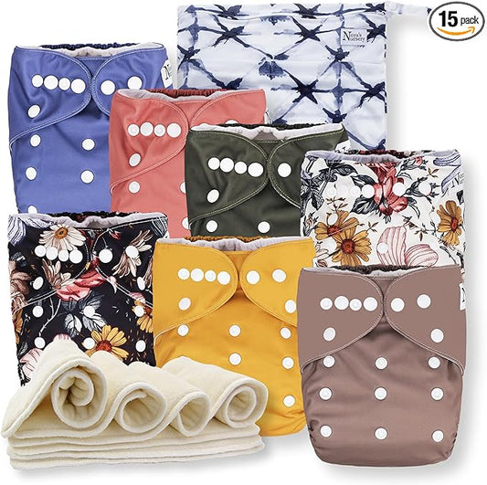 Nora's Nursery Cloth Diapers 7 Pack with 7 Inserts & 1 Wet Bag - Waterproof Cover, Washable, Reusable & One Size Adjustable Pocket Diapers for Newborns and Toddlers - Harlow
