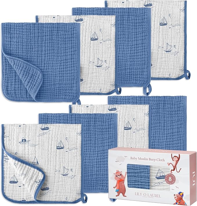 Muslin Burp Cloths, 20"x10"- Pack of 8, 6 Layers Super Soft Absorbent & Breathable 100% Cotton for Baby Drool and Messes, Burp Cloth Baby Boy and Burp Cloths Baby Girl