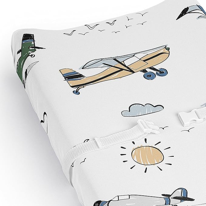 Sweet Jojo Designs Vintage Airplane Boy Baby Changing Pad Cover Sheet Infant Newborn Diaper Table Change Mat Cover Grey Green Blue White Yellow Airplanes Plane Transportation Clouds Sun Sky Aviator