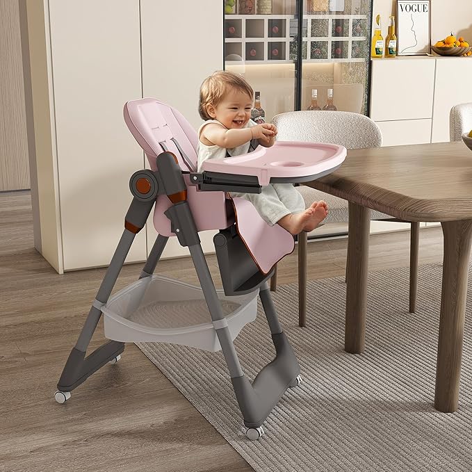 3-in-1 Foldable High Chair for Babies & Toddlers, Adjustable Height, Reclining Seat, Wheels with Safety Locks, Removable Tray, Space-Saving Multifunctional Baby Dining Chair (Pink)