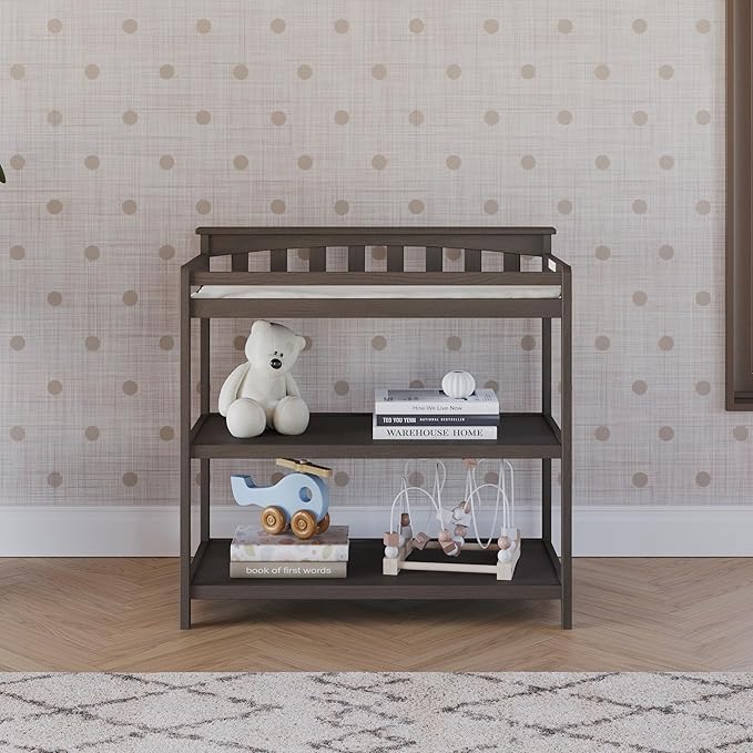 Child Craft Flat Top Infant Changing Table, Water-Resistant Pad and Safety Strap, Anti-Tip Kit Included to Prevent Tipping, Non-Toxic, Baby Safe Finish (Dapper Gray)