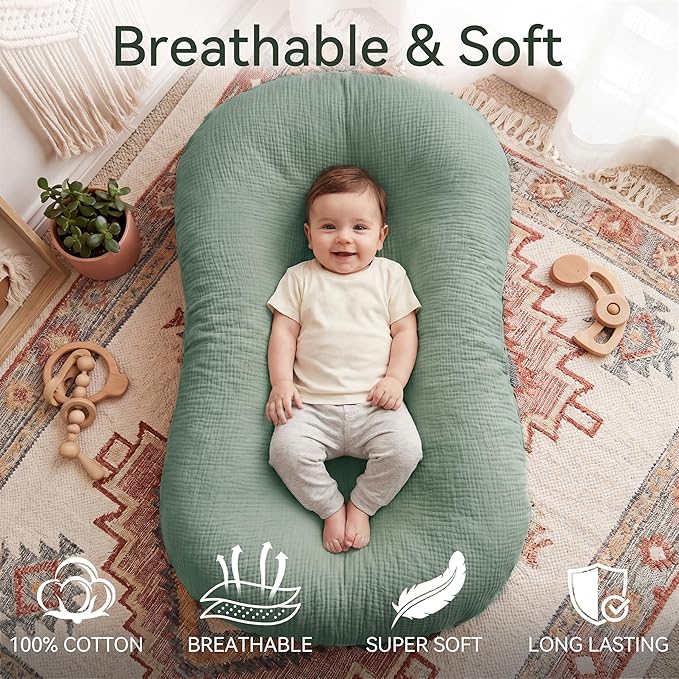 Muslin Baby Lounger Cover 1 Pack, Cotton Soft Breathable Infant Nest Slipcover, Envelope Closure, Compatible with Snuggle Me Loungers, Machine Washable, Cover Only, for Boys Girls(Green)