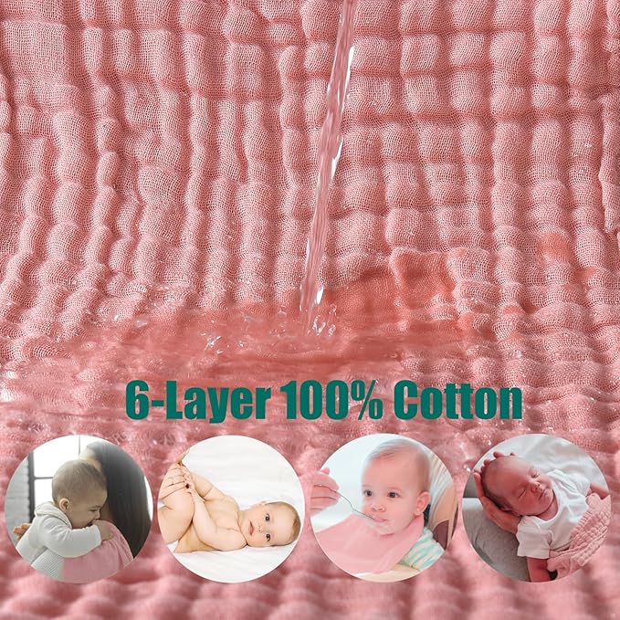 Muslin Burp Cloths 5 Pack Large 20x12 inches Baby Burping Cloths, 6-Layer 100% Cotton for Newborn Boys Girls, Ultra Soft & Absorbent（Pink）
