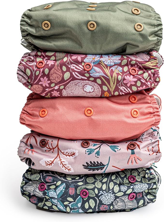 Kinder Cloth Diapers Reusable Baby Diapers Pocket Style Athletic Wicking Jersey, Bamboo Viscose Inserts, Wet Bag, Newborn to Potty Training 7-60lbs, One Size (Garden Party, 5 Pack, with Inserts)