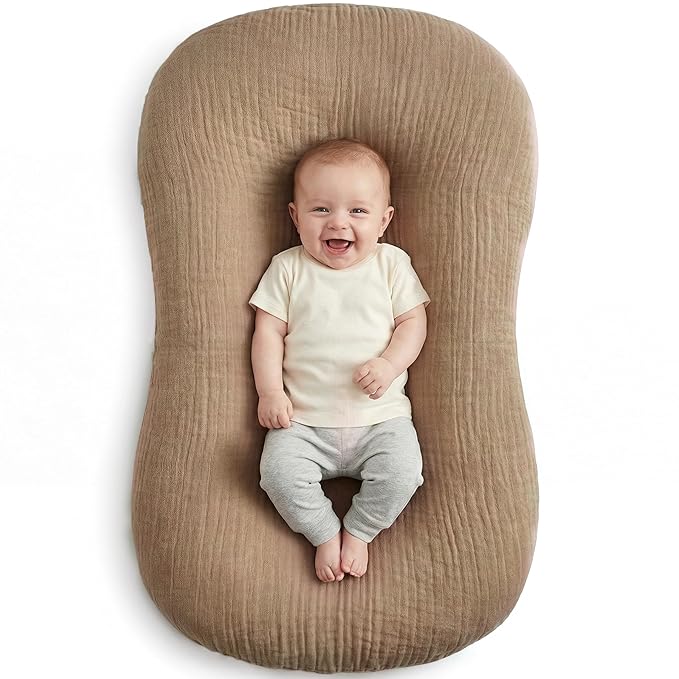 Muslin Baby Lounger Cover 1 Pack, Cotton Soft Breathable Infant Nest Slipcover, Envelope Closure, Compatible with Snuggle Me Loungers, Machine Washable, Cover Only, for Boys Girls(Brown)