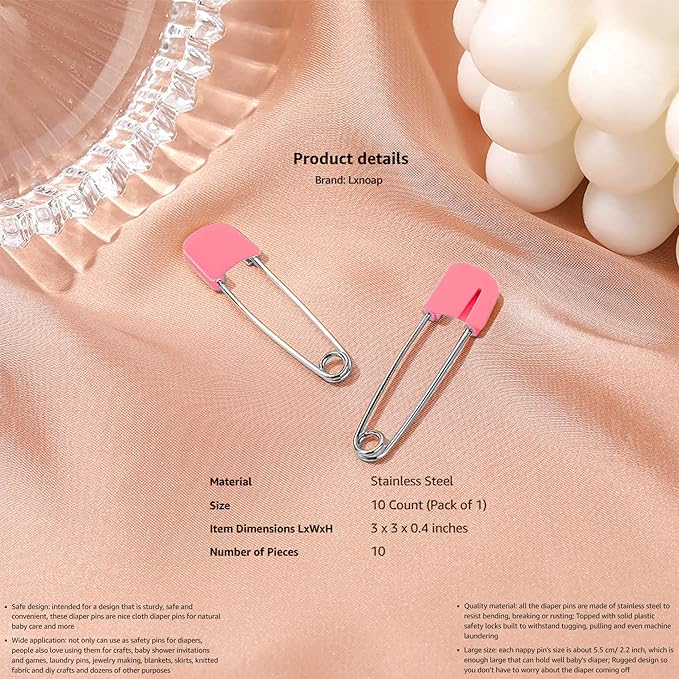 Lxnoap 10 pcs Cloth Diaper Pins Stainless Steel Traditional Safety Pin (Pink)
