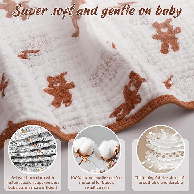Muslin Burp Cloths, 20"x10"- Pack of 8, 6 Layers Super Soft Absorbent & Breathable 100% Cotton for Baby Drool and Messes, Burp Cloth Baby Boy and Burp Cloths Baby Girl