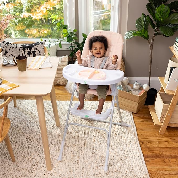 Ingenuity Sun Valley Compact Folding Baby High Chair, Food-Grade Safe Plate, Safety Harness, for Ages 6 Months and Up, Unisex - Pink