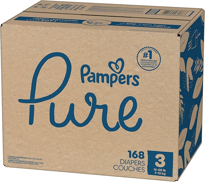 Pampers Pure Baby Diapers, Size 3 (16-28 lbs), 168, Up to 100% Leakproof, Premium Hypoallergenic Soft Diapers