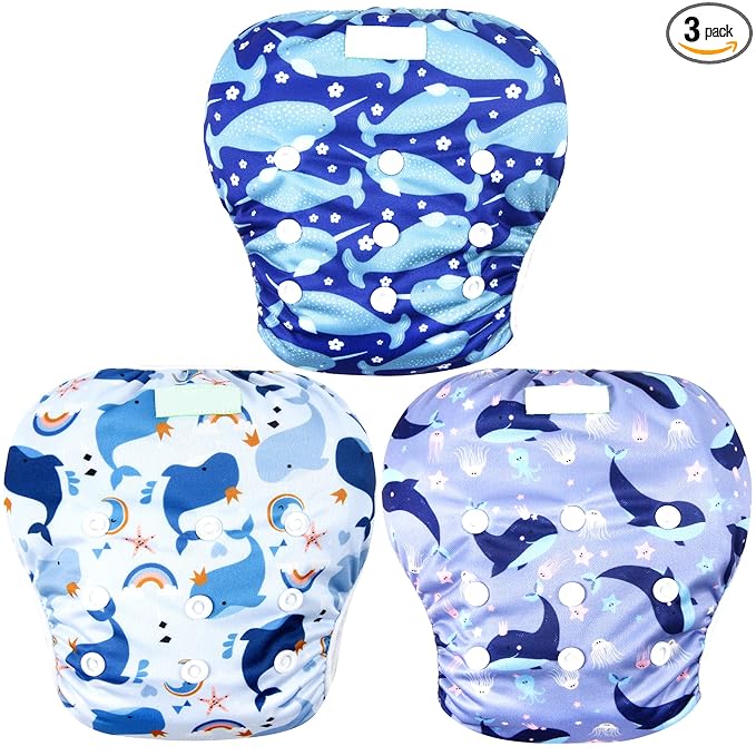 Wegreeco Baby & Toddler Snap One Size Adjustable Reusable Baby Swim Diaper (Whale, Large, 3 Pack)
