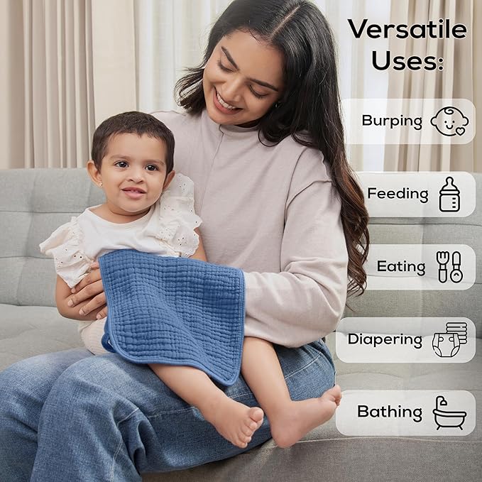 Muslin Burp Cloths, 20"x10"- Pack of 8, 6 Layers Super Soft Absorbent & Breathable 100% Cotton for Baby Drool and Messes, Burp Cloth Baby Boy and Burp Cloths Baby Girl