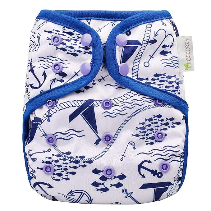OsoCozy Economy Flat Cloth Diaper Package - 36 Unbleached Cotton Birdseye Weave Flat Diapers, 3 Snappi Diaper Fasteners, 4 OneSize Diaper Covers (2 Maritime, 2 Dragons)