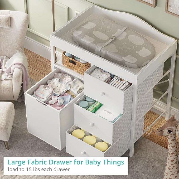 BOLUO White Changing Table with 3 Fabric Drawers and Laundry Hamper, Baby Dresser with Changing Table Top, Nursery Diaper Changing Station with Storage Modern
