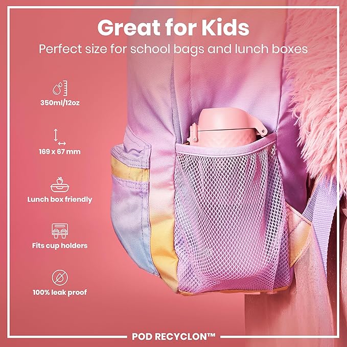 Ion8 Small Water Bottle, 350 ml/12 oz, Leak Proof, Easy to Open, Secure Lock, Dishwasher Safe, BPA Free, Carry Handle, Hygienic Flip Cover, Easy Clean, Odor Free, Carbon Neutral, Rose Quartz Pink