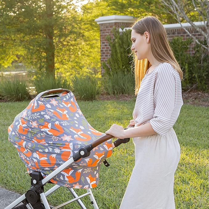 Baby Car Seat Canopy and Nursing Cover Up for Breastfeeding Moms | Multi-use 5-in-1, Breathable, Soft, Stretchy, Washable, Universal Fit | Cute Unisex Woodland Fox Pattern