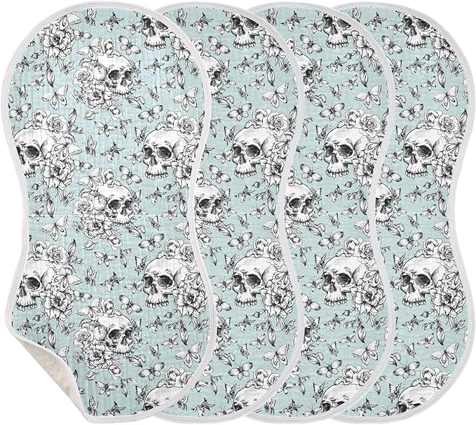 Muslin Burp Cloths for Baby Boys and Girls - 4-Pack Ultra Absorbent Goth Skull Muslin Washcloths, Newborn Towel, Milk Spit Up Rags, Burp Cloth Bib for Unisex, 22 x 11 Inch