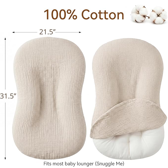 Muslin Baby Lounger Cover 1 Pack, Cotton Soft Breathable Infant Nest Slipcover, Envelope Closure, Compatible with Snuggle Me Loungers, Machine Washable, Cover Only, for Boys Girls(Beige)