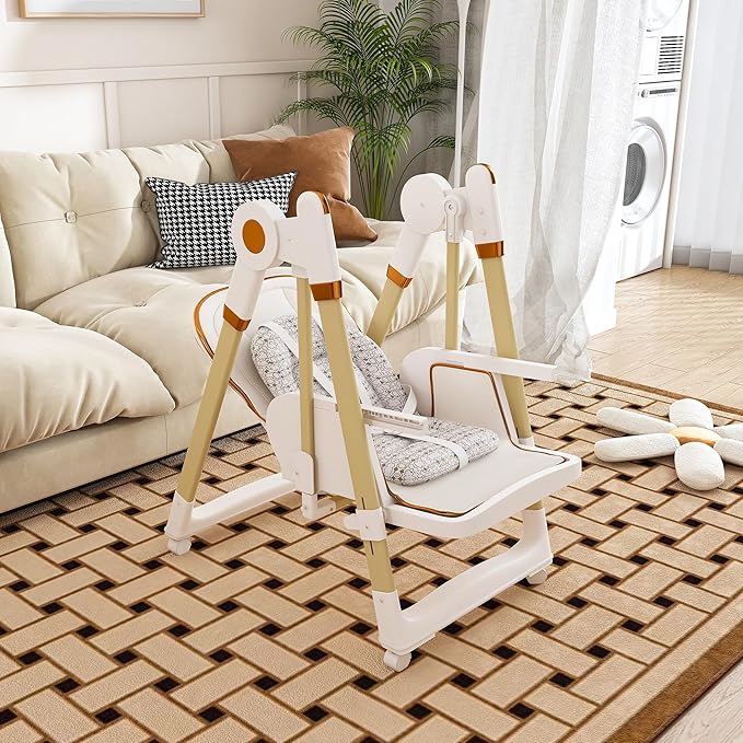 Foldable Baby High Chair with 150° Swing & Recline,Convertible High Chairs for Babies and Toddlers,5 Height Levels,3 Backrest & Footrest Positions,Removable Double Tray,Lockable Wheels (White)
