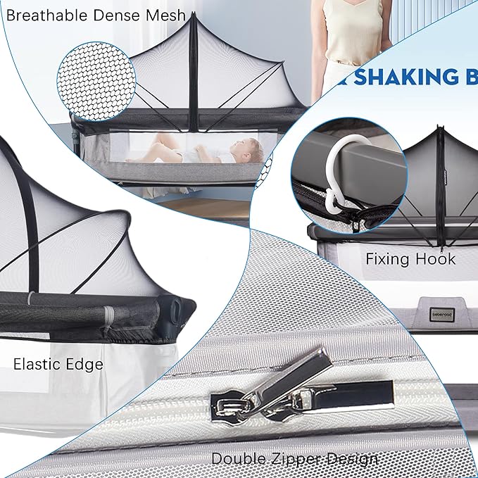 Akiky Bassinet Cover Mosquito Net with Two-Way Zippers Foldable Bassinet Bedside Sleeper Tent to Keep Cats/Bugs Out(Black)