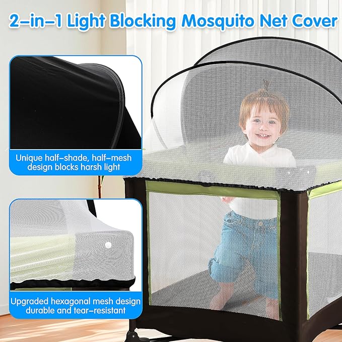 Pack N Play Tent Cover - Half-Blackout Mosquito Net for Crib & Playpen, Baby Bassinet Cover for Cats with 2-Way Zipper, Sun-Blocking Bug Net for Travel Crib (Black-Large)