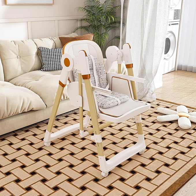 Convertible Baby High Chair to Rocker with 5-Point Harness, Foldable Infant Feeding Chair with Silent Locking Wheels & Removable 2-Tier Easy-Clean Tray (White)