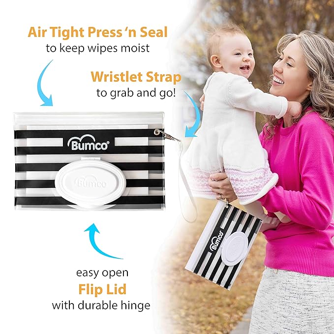 BUMCO Airtight Wipes Dispenser, Keeps Wet, Reusable Refillable Pouch, Diaper Bag Organizer for Travel, Carrying Clutch, Unique Baby Gift for Girl Boy [Black & Blue]