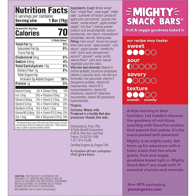 Plum Organics Mighty Snack Bars - Strawberry - 0.67 oz Bars (Pack of 48) - Organic Fruit and Vegetable Toddler Food Snack Bars
