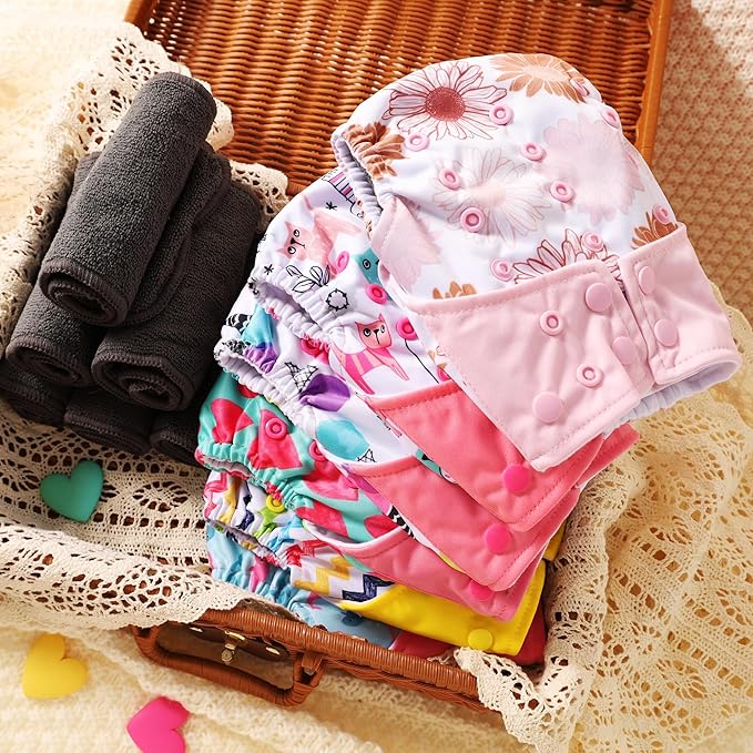 Cloth Diapers 6 Pack with 6 Inserts & 1 Wet Bag - Waterproof Cover, Washable, Reusable & One Size Adjustable Pocket Diapers for Newborns and Toddlers (Blossom Set)
