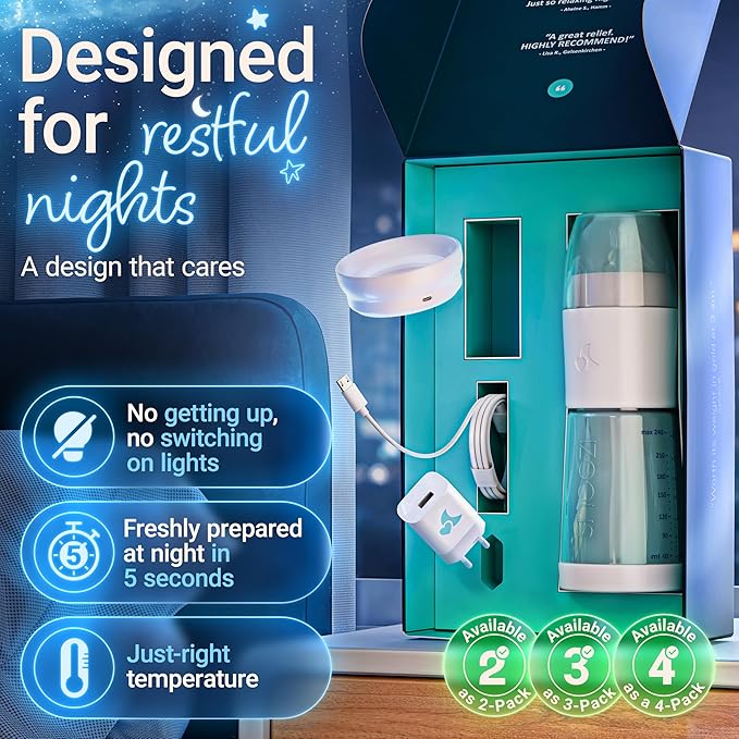 SNOOZI Set of 4 – Baby Night Bottle with Bottle Warmer – Baby Bottle with Integrated Formula Dispenser in The Bottle for Stress-Free Night Feedings (4 Bottles per Night)