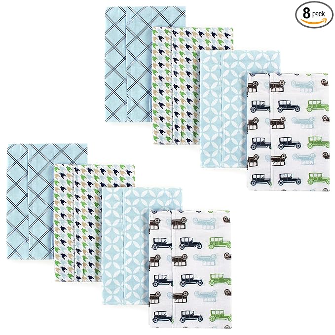 Hudson Baby Unisex Baby Cotton Flannel Burp Cloths, Antique Cars 8-Pack, One Size