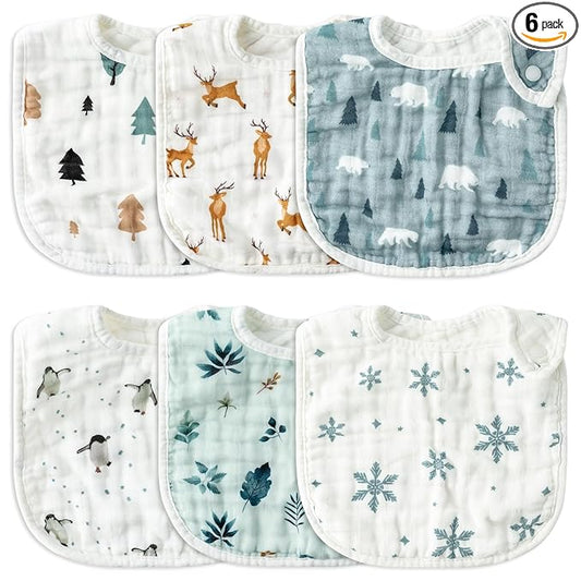 Zainpe 6Pcs Snap Muslin Cotton Baby Bibs Cute Themes Snowflake Penguin Pattern Infants Drooling Bib Adjustable Burp Cloth Soft Absorbent Feeding Cloths for Unisex Newborn Toddler Teething Eating