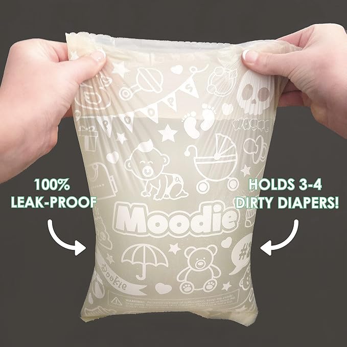 Moodie Teddy Bear Dispenser | Diaper Trash Bags on the Go Dispenser w/Silicon Strap | 15 UNSCENTED Baby Poop Bags per Roll | Dirty Diaper Bag Dispenser Disposable | Diaper Waste Bags (PINK)