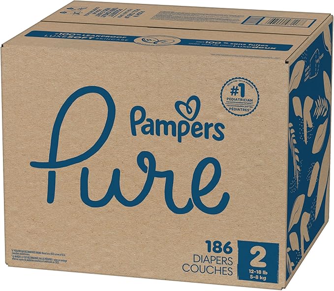 Pampers Pure Baby Diapers, Size 2 (12-18 lbs), 186, Up to 100% Leakproof, Premium Hypoallergenic Soft Diapers