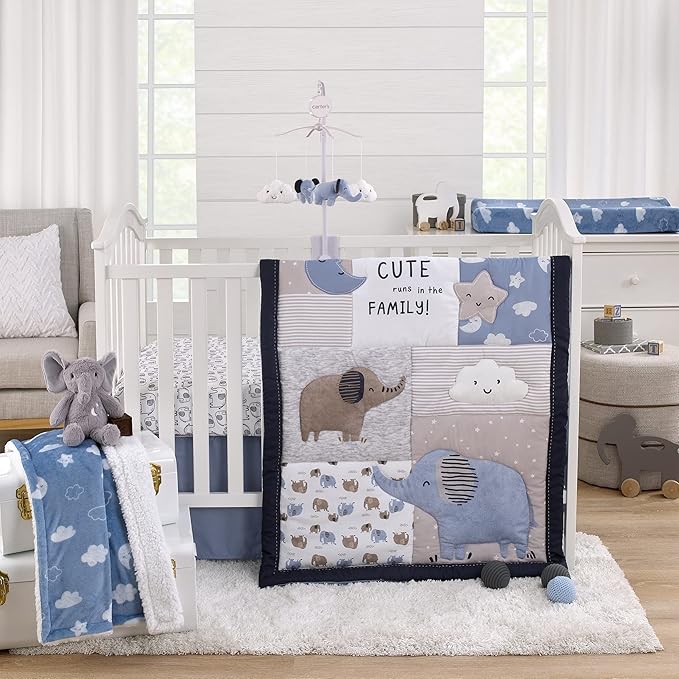 NoJo Carter's Blue Elephant - Chambray, and White Clouds, Moon and Stars Super Soft Contoured Changing Pad Cover