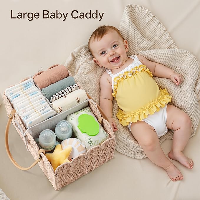 Angelhood Scalloped Paper Rope Diaper Caddy, Woven Floral Baby Diaper Organizer with Dividers for Changing Table, Nursery & Car Portable Baby Gift Basket
