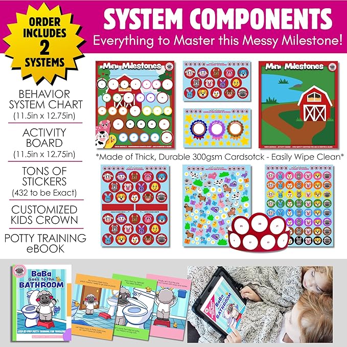 17PC Toddler Farm Animal Potty Training Chart Behavior Chart for Toddlers, Potty Chart, Toddler Reward Stickers, Reward Chart for Kids, Crown & Activity Board by LIL ADVENTS Mini Milestones + eBook