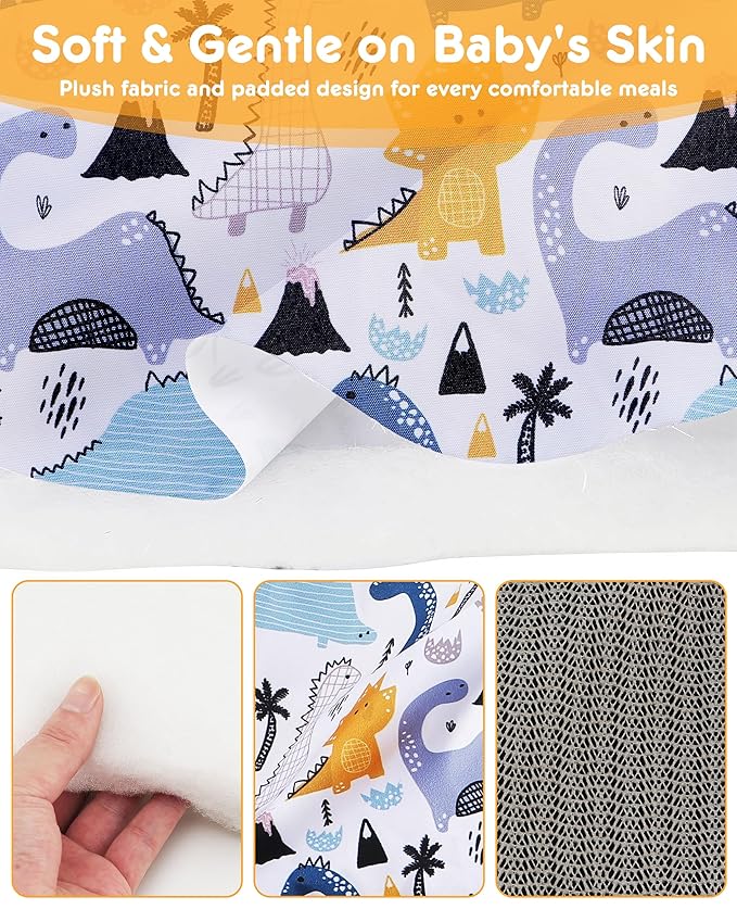 High Chair Cover Portable with 3-Point Harness, Waterproof Baby Seat Cover for Restaurant Travel Home Use, Machine Washable, Fits Wooden Chairs (Colorful Dinosaurs)